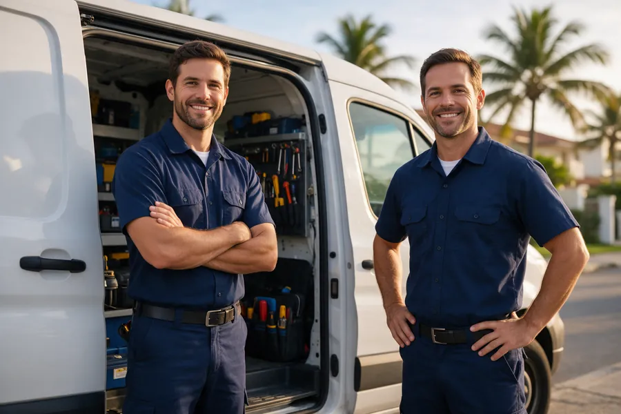 Equipe de técnicos uniformizados da M.W Instalações e Manutenções em Santos/SP