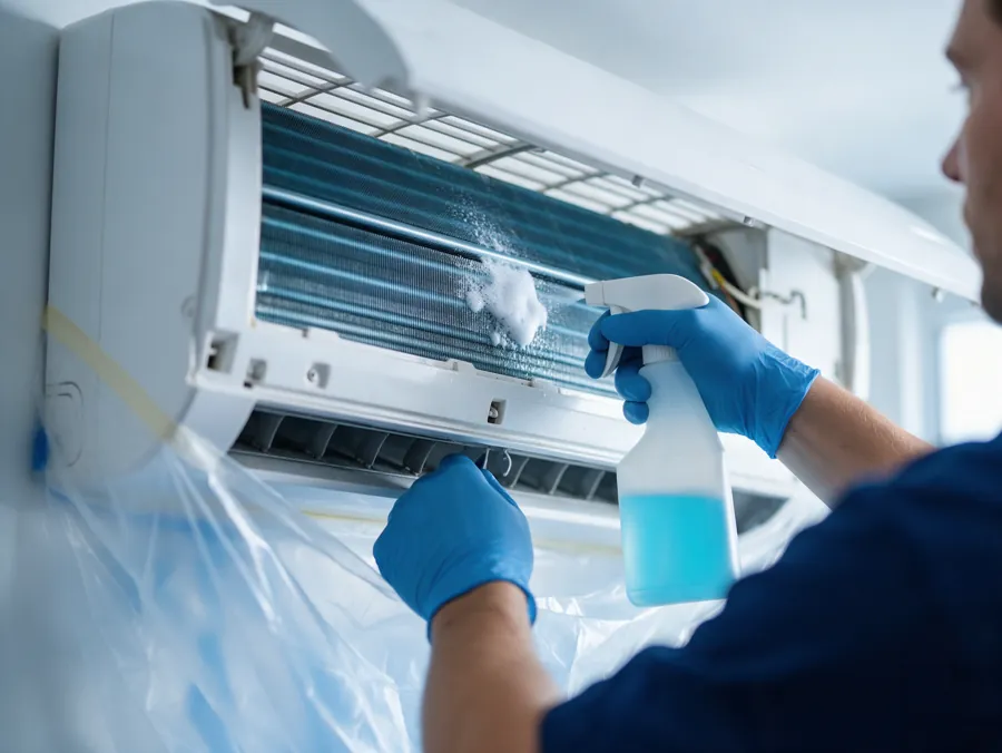 Higienização completa de ar-condicionado split com produto bactericida em Santos/SP