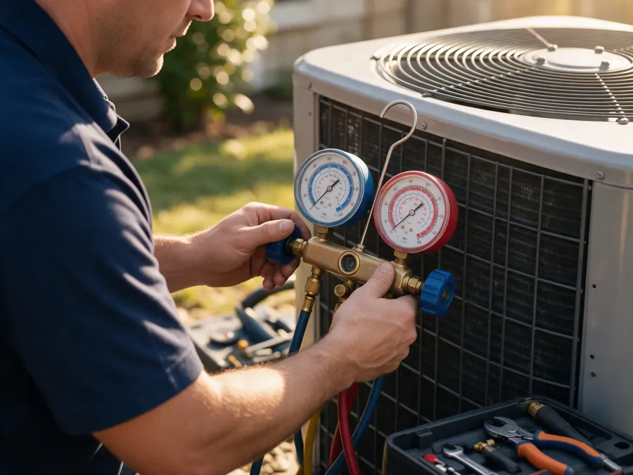 Técnico medindo pressão do gás refrigerante com manifold durante manutenção preventiva de ar-condicionado
